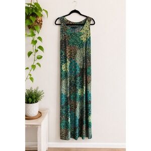 Ellen Parker Peacock Feather Maxi Dress XL Sleeveless Boho Resort Tropical Print